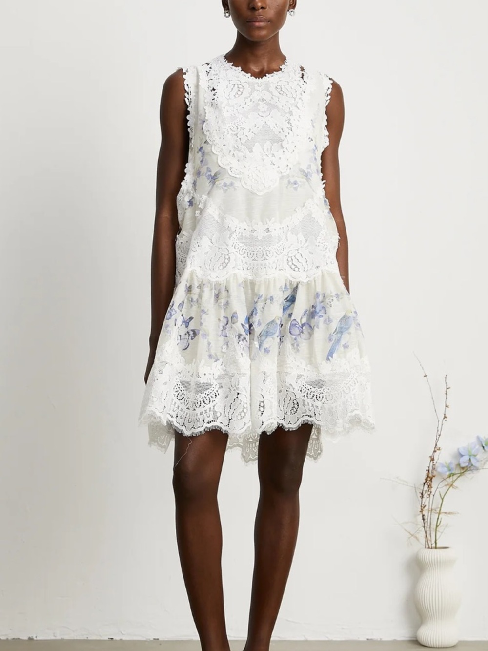 Sleeveless White Lace Floral Drop-Waist Dress